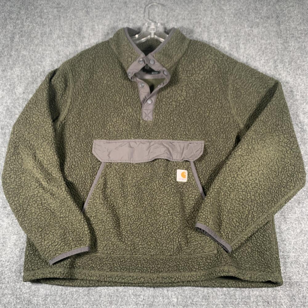 Carhartt Sweatshirt Mens XL Green Sherpa Fleece Snap Mock Neck Kangaroo Pocket